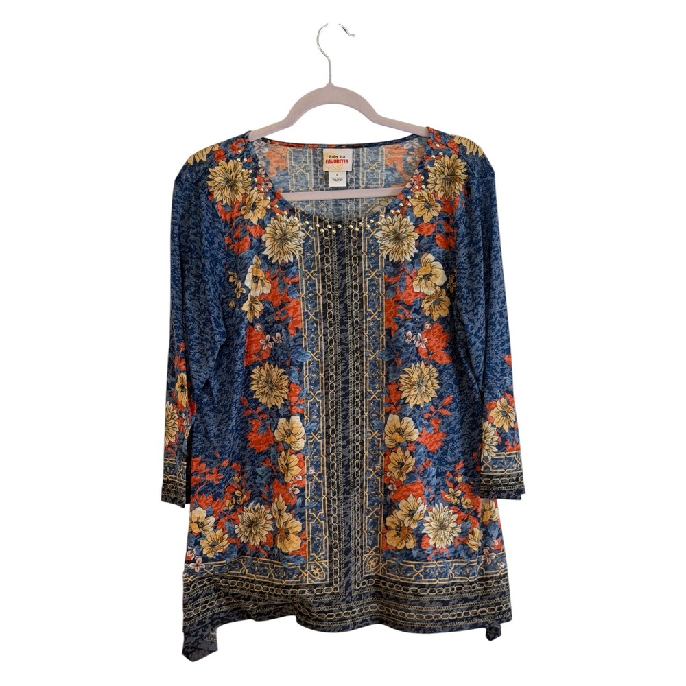 Ruby Rd Favorites Tunic Blue L Women Floral Studded 3/4 Sleeve Boho Top